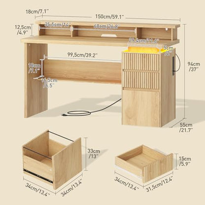 59" Executive Desk with Drawer, Fluted Computer Desk with File Drawer, Monitor Stand, Home Office Desk with Charging Station, LED Light, Fluted Computer Writing Desk for Study, Natural