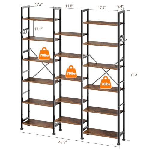 Triple Column Rustic Bookshelf with Hooks and Shelves, view 4