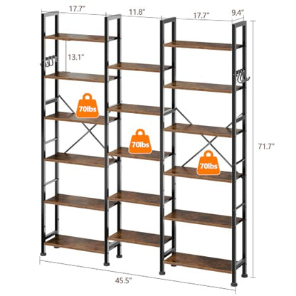 Triple Column Rustic Bookshelf with Hooks and Shelves, view 4
