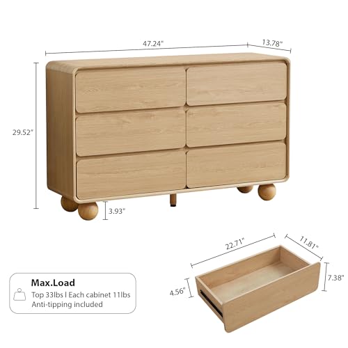 Modern 6 Drawer Dresser for Bedroom, 48" Wooden Chest of Drawer, Natural, view 3