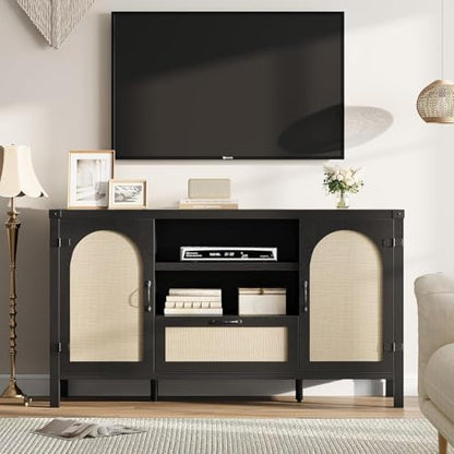 Sideboard Buffet Cabinet with Storage, 59.1" Large Rattan Storage Cabinet with Drawers, Farmhouse Coffee Bar Cabinet for Living Room, Kitchen, Entryway, Black