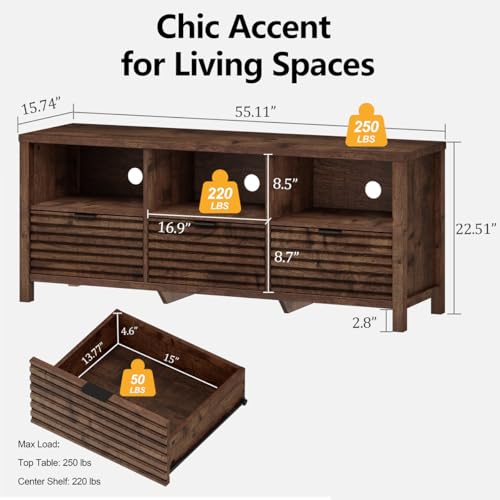 TV Stand, Mid Century Modern Media Console for 65/55/50 Inch TVs, Wood Fluted Entertainment Center with Storage for Living Room, Bedroom (Rustic Oak)