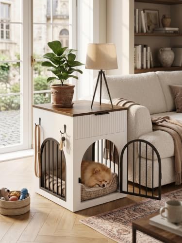 Dog Crate Furniture for Small Dogs, White and Walnut, view 7