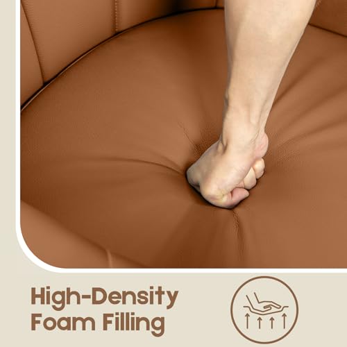360° Swivel Accent Chair, Leather Swivel Barrel Chairs with Nailhead Trim & Wood Base, Round Armchair Club Chair, Modern Reading Chairs for Living Room (BX01, Wood Brown)