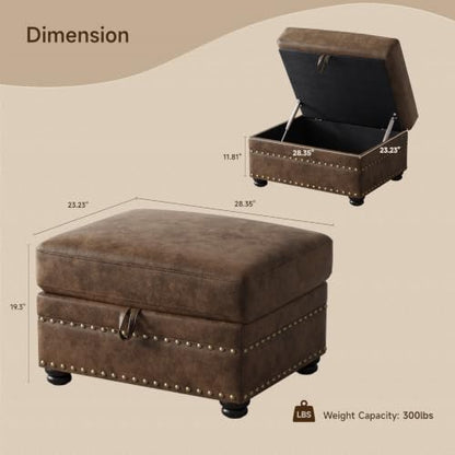 Faux Leather Ottoman with Storage, Rectangle Ottoman Coffee Table with Nailhead Trim, Solid Wood Legs, Oversized Upholstered Footrest Stool for Living Room, Bedroom, Apartment, Brown