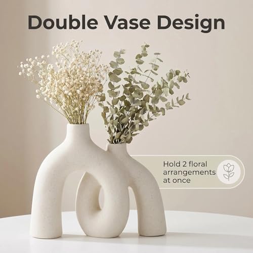 Modern Nordic Boho Vase Set - Elegant Beige Matte Ceramic Vase for Living Room, Bookshelf, Mantel, Entryway Table & Console Decor | Home Decor Shelf Decorations Easter Gift