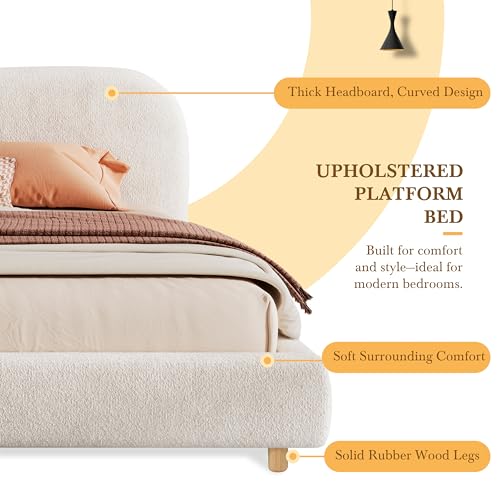 Queen Size Platform Bed, Boucle Fabric Headborad and Bed Frame, view 7