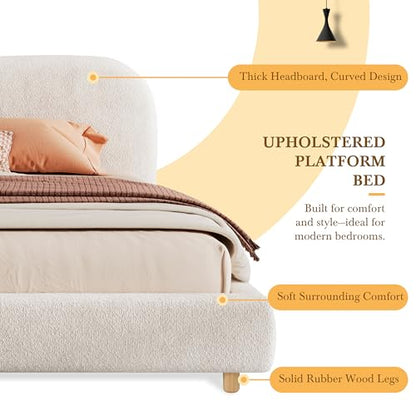 Queen Size Platform Bed, Boucle Fabric Headborad and Bed Frame, view 7