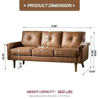 72'' 3-Seater Deep Seat Sofa Couch, Mid-Century Modern Couches, Brown Faux Leather Small Couch for Apartment, Living Room, Bedroom(Light Brown)
