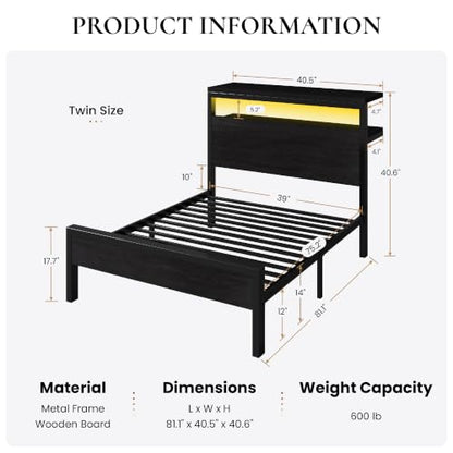 Twin Bed Frame, 2-Tier Storage Headboard, LED, Charging Station, view 3