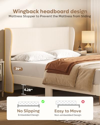 Queen Bed Frame with Wingback Headboard,Upholstered,Beige, view 4