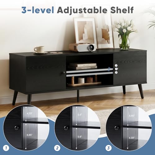 TV Stand for 55 60 inch TV, Modern Mid Century Entertainment Center with Storage, Wooden Media Console Table with 2 Cabinets, for Living Room, Bedroom, Black