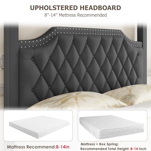 Upholstered Canopy Bed Queen Size with Button Tufted headboard, view 7