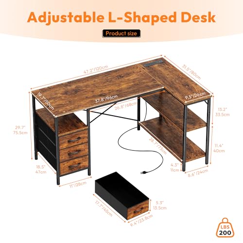 L Shaped Computer Desk, 47 Inch Corner Desk with Drawers and Power Outlets, Home Office Desk for Gaming, Study Writing PC Table with Storage and Reversible Shelf, Rustic Brown