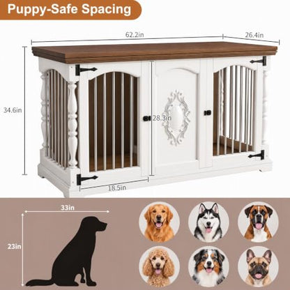 62" Farmhouse Dog Crate Furniture for 2 Dogs,Dog Crate TV Stand, White, view 5