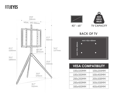 Corner TV Stand for 43-65 Inch TVs, Height Adjustable Metal Tripod Easel TV Stand Modern TV Floor Mount with Concealed Storage for Bedroom Living Room, Picasso Series