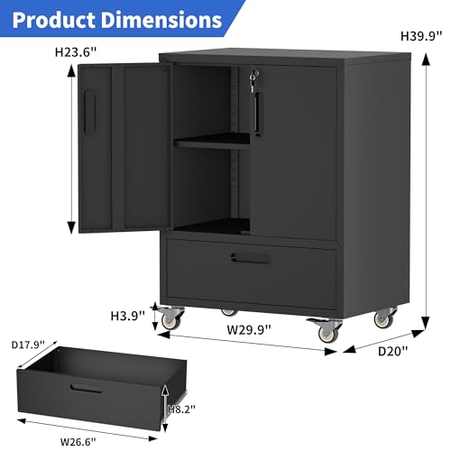 Metal Storage Cabinet with Wheels, Heavy Duty Steel Tool Cabinet with Doors and Drawer, Lockable Tool Cart for Garage Basement Workshop Warehouse, Assembly Required (Black)