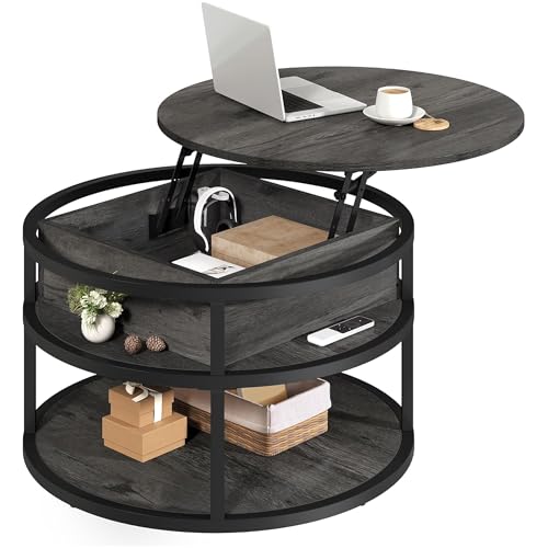 Round Lift Top Coffee Tables for Living Room | Lift Top Design, Dining Table with Hidden Compartment, 2-Tier Storage, Farmhouse Style, for Living Room, Easy Assembly
