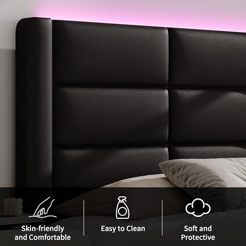 Modern Black Faux Leather Bed Frame with LED Lights, view 5