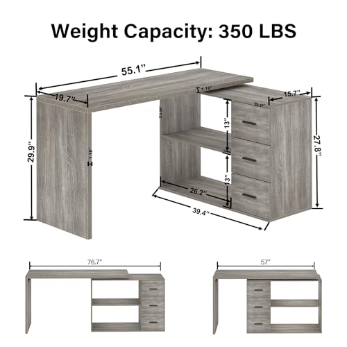 L Shaped Office Desk with Drawers Shelves 55-76 Inch, Corner Computer Desk with Storage 360 Rotating Long for Work, Executive, Study, Writing, Teacher, Bedroom Modern Gaming Table, Light Grey