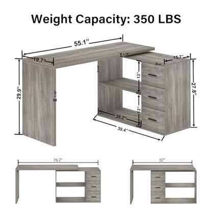 L Shaped Office Desk with Drawers Shelves 55-76 Inch, Corner Computer Desk with Storage 360 Rotating Long for Work, Executive, Study, Writing, Teacher, Bedroom Modern Gaming Table, Light Grey