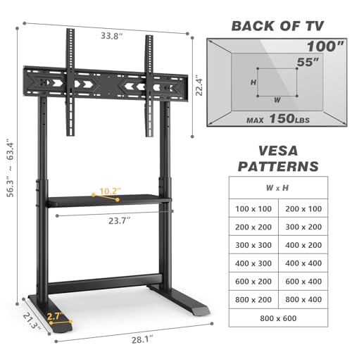 Heavy Duty Floor TV Stand for 55-100 inch Large TVs up to 150 lbs | Tall TV Stand with Height Adjustable Mount and Large Storage Shelf, Universal TV Stand for Bedroom, Conference Room, Black