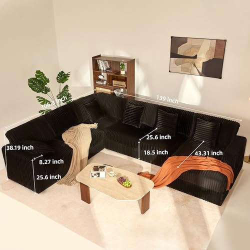 139" U-Shaped Cloud Couch, Modular Sectional, Deep Seats, Black | Pocket Spring Cushions, Oversized 7-Seater, Right Facing Chaise, Corduroy Upholstery Couches for Living Room, Not Boneless