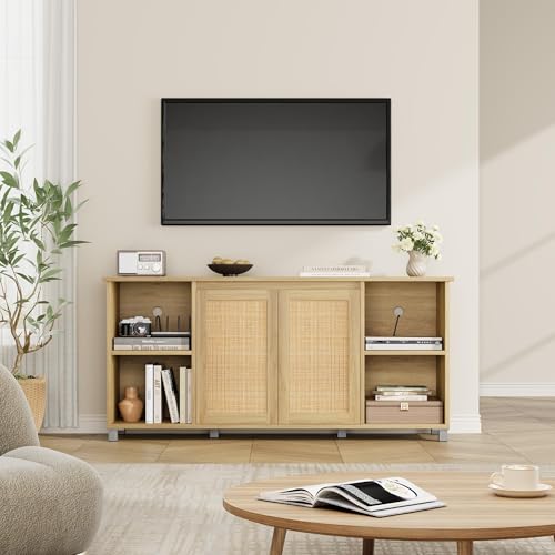 Rattan TV Stand for 65" TVs, Natural Oak Media Console, view 8