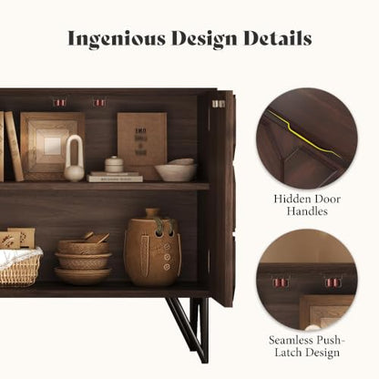 63" Solid Wood Buffet Cabinet with Hand Carved Doors, Dark Walnut, view 5