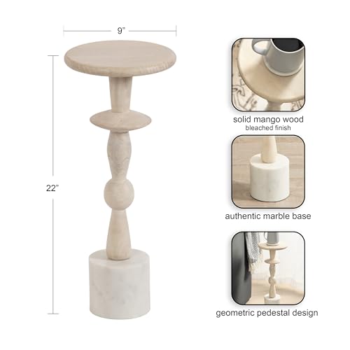 Avenal Modern Round Wood Drink Table, 9 x 9 x 22, Bleached Wood and White Marble, Boho Circle Mini Pedestal with Marble Base for Use as Martini Stand or Small Bedroom Nightstand Option