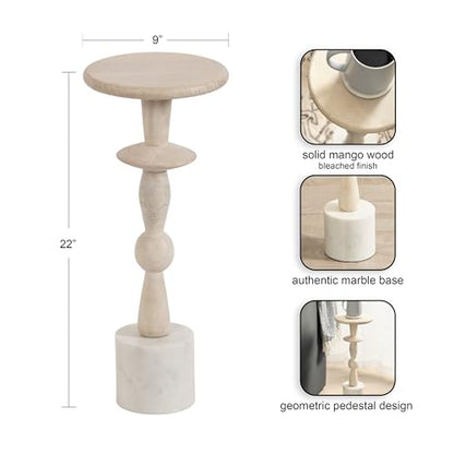 Avenal Modern Round Wood Drink Table, 9 x 9 x 22, Bleached Wood and White Marble, Boho Circle Mini Pedestal with Marble Base for Use as Martini Stand or Small Bedroom Nightstand Option