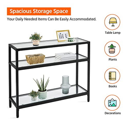 Yaheetech 39.5" Console Table with 3 Storage Shelves,Tempered Glass Sofa Table, Modern Entryway Tables with Metal Frame for Hallway Living Room Bedroom, Easy Assembly, Black