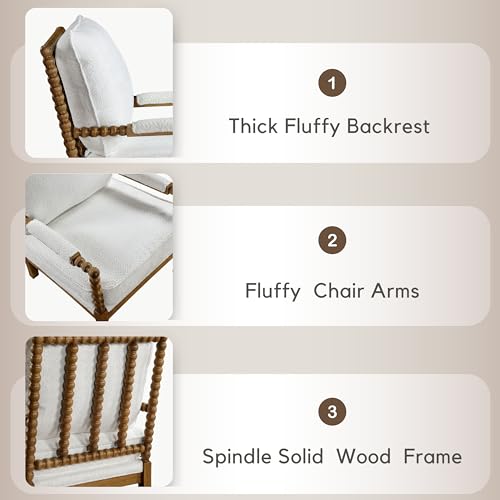 Dedee Mid Century Modern Boucle Fabric Accent Chair with Arms, Wide Spindle and Solidwood Legs for Living Room, Bedroom, Reading Corner, Home Office, Light Oak and White