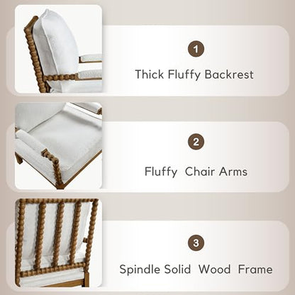 Dedee Mid Century Modern Boucle Fabric Accent Chair with Arms, Wide Spindle and Solidwood Legs for Living Room, Bedroom, Reading Corner, Home Office, Light Oak and White
