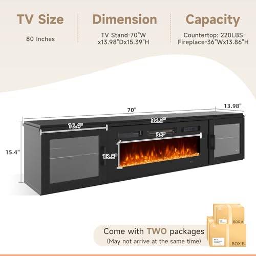 70" Floating Fireplace TV Stand Fits TVs Up to 80", Black&Black, view 3