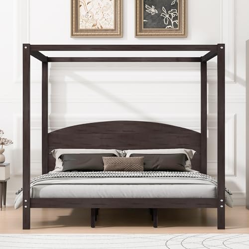 Wood Canopy Bed Frame King, with Headboard and 8 Support Legs, view 4
