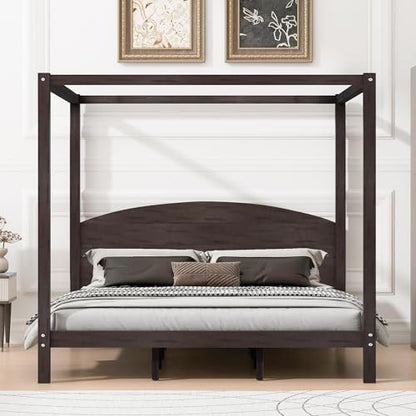 Wood Canopy Bed Frame King, with Headboard and 8 Support Legs, view 4