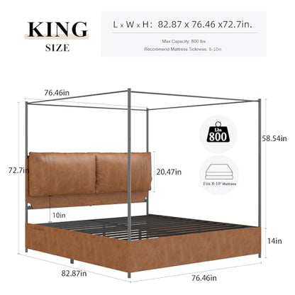 King Size Upholstered Canopy Bed Frame with Faux Leather Headboard, Brown, view 3