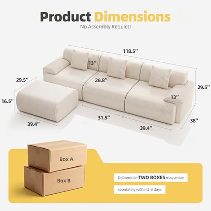 118" Modern L Shaped Modular Sectional Sofa, Boneless Cloud Couch with Ottoman, Oversized Corduroy Couch Deep Seat, 30D Sponge for Indoor Living Room, No Assembly Required(Beige)