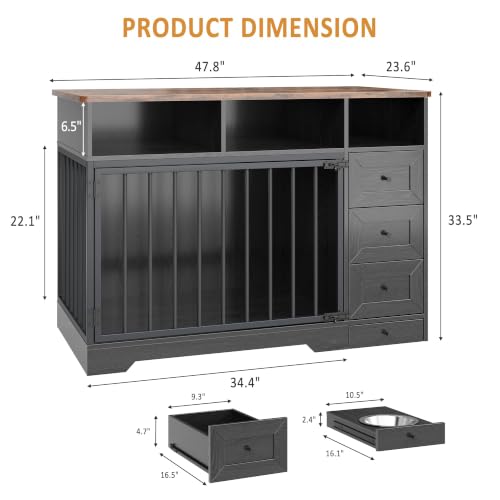 48'' Dog Crate Furniture with Bowl, Medium Dog Cage, Black, view 3