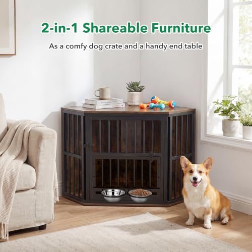 Corner Dog Crate Furniture with Adjustable & Reversible Feeder, view 4