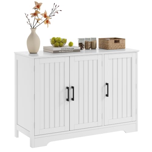 Modern Sideboard Buffet Cabinet, Coffee Bar Storage Cabinet with Doors and Adjustable Shelves, Kitchen Storage Cabinet for Dining Room, Living Room, White
