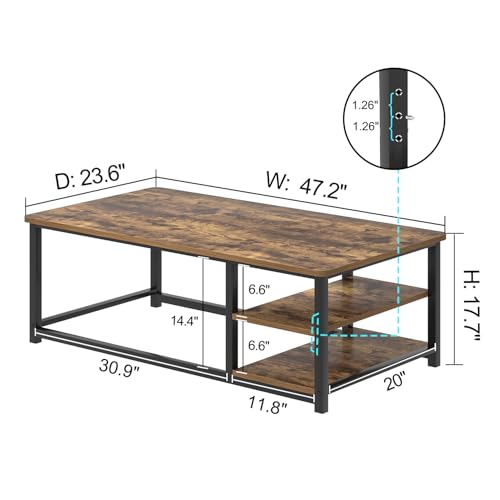 Modern Coffee Table, Rustic Wood and Metal Living Room Table with Storage Shelf, Industrial Brown, 47 Inch