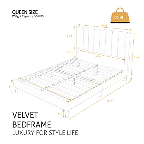 Queen Bed Frame/Velvet Upholstered Platform Bed Frame with Headboard/Strong, view 3