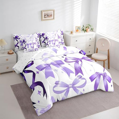 Purple Bowknot Comforter Set 7 Pieces Twin,Girly Bedroom Gift 3D Watercolor Bow Bedding Set,Romantic Bowknot Kids Bedroom Gift (Comforter+Fitted+Flat Sheet+2 Pillowcases+2 Throw Pillow Covers)