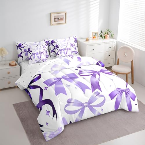 Purple Bowknot Comforter Set 7 Pieces Twin,Girly Bedroom Gift 3D Watercolor Bow Bedding Set,Romantic Bowknot Kids Bedroom Gift (Comforter+Fitted+Flat Sheet+2 Pillowcases+2 Throw Pillow Covers)