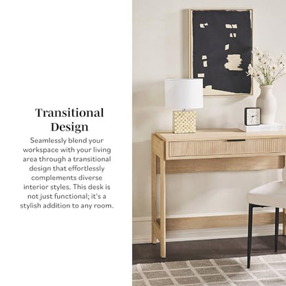 Transitional Office Design, Reeded Drawer Front Detail, Writing Desk with Drawer, Spacious Desktop, Complementary in Living Spaces, 38 Inch, Coastal Oak