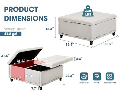 35.5" Large Square Ottoman with Storage, Tufted Upholstered Storage Ottoman with Lift Top & Solid Legs for Bedroom Room, Extra Large Coffee Tables Bench for Living Room as Footstool (Beige)