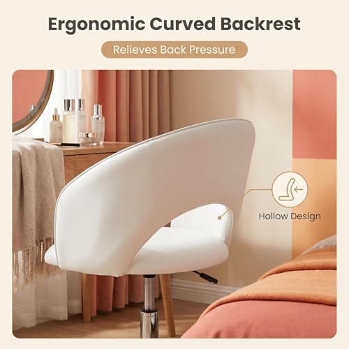 Vanity Chair White Leather Vanity Stool, Height Adjustable Accent Chair with Back, Round Swivel Makeup Chair for Living Room Bedroom Vanity Makeup Room (PU White)
