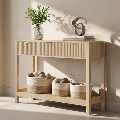 Fluted Console Table, Wooden Sofa Table with Storage and Drawers, Farmhouse Behind Couch Table Entryway Table for Entrance, Hallway, Living Room, Oak